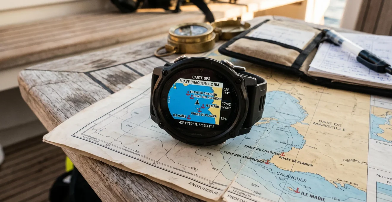 Ordinateur de plongée moderne format montre posé sur carte marine, écran couleur affichant interface GPS avec cartographie et waypoints de sites de plongée