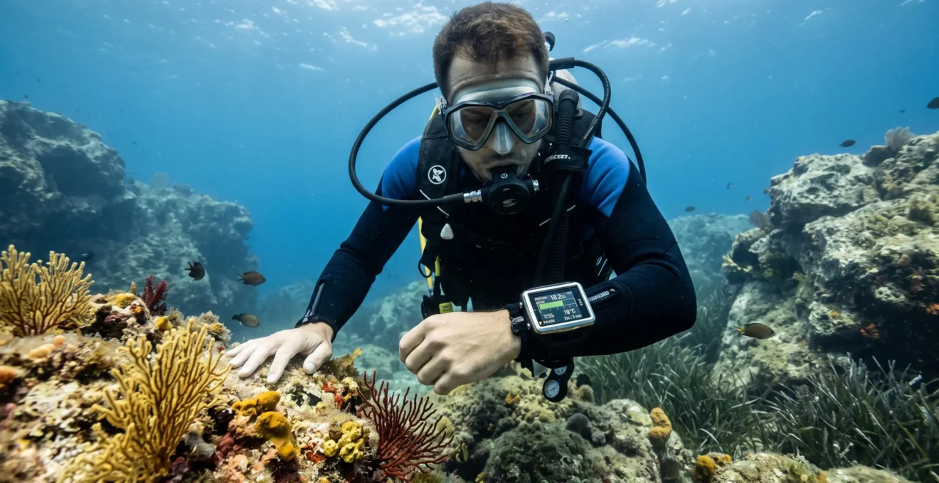 Plongeur sous-marin équipé consultant l'écran couleur de son ordinateur de plongée moderne au poignet dans un environnement méditerranéen naturel avec faune marine en arrière-plan