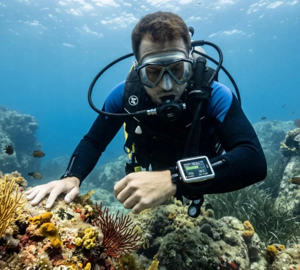 Plongeur sous-marin équipé consultant l'écran couleur de son ordinateur de plongée moderne au poignet dans un environnement méditerranéen naturel avec faune marine en arrière-plan