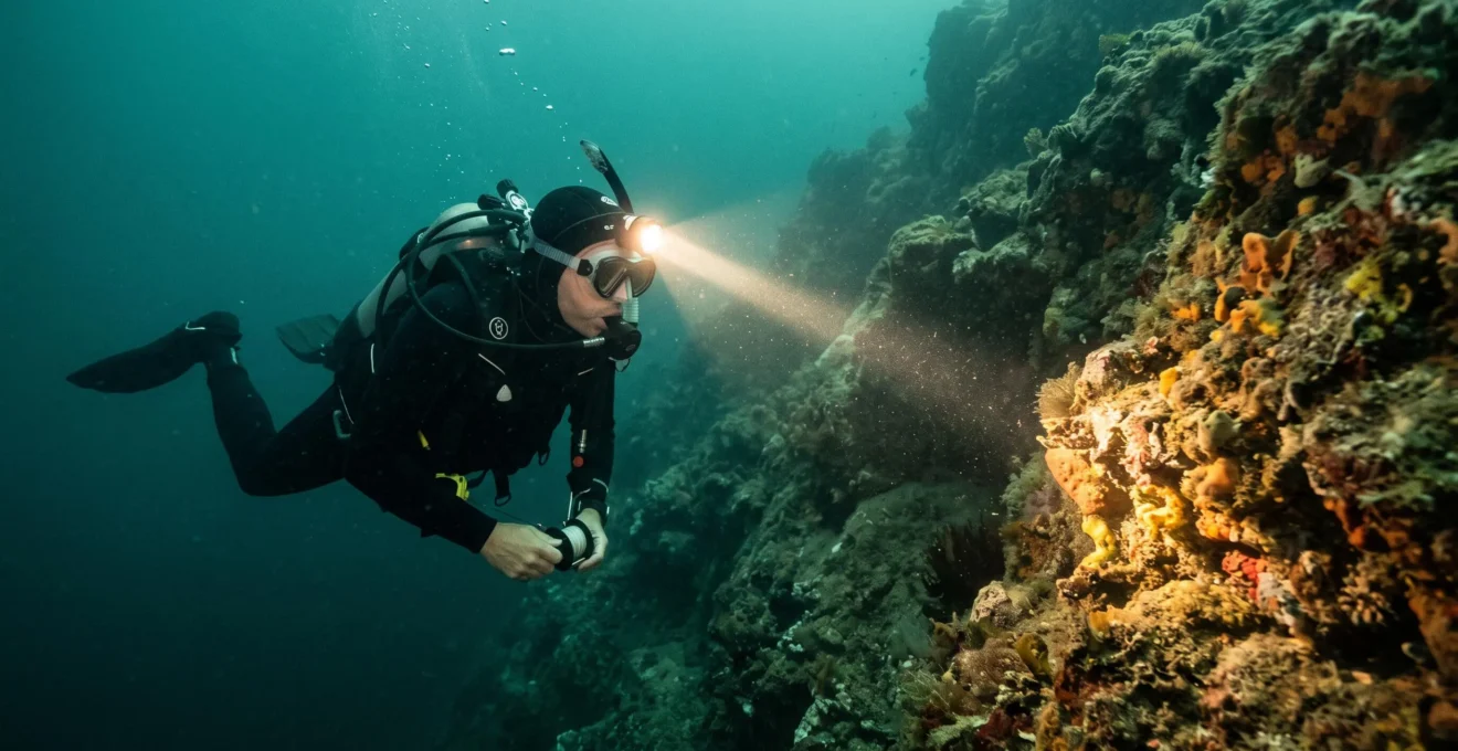 Un plongeur sous-marin éclaire un tombant rocheux avec sa lampe frontale, dont le faisceau perce l'eau chargée de particules.