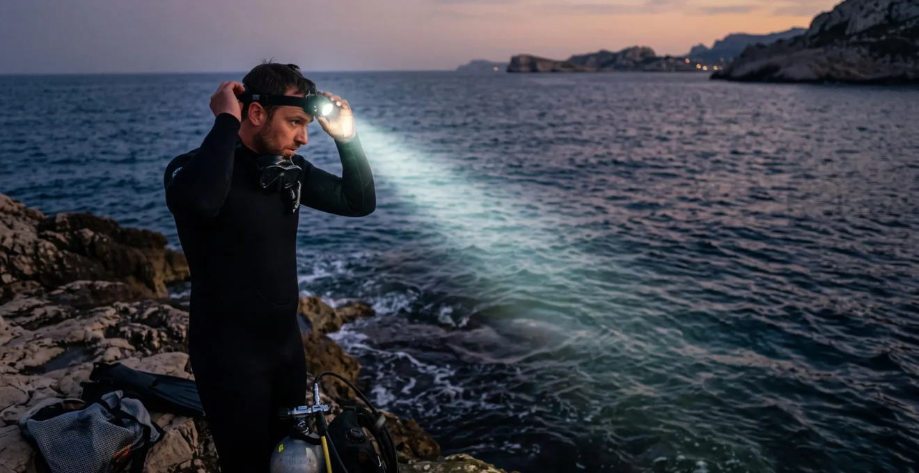 Un plongeur en combinaison ajuste sa lampe frontale de plongée sur un ponton au crépuscule, le faisceau pointé vers la mer.
