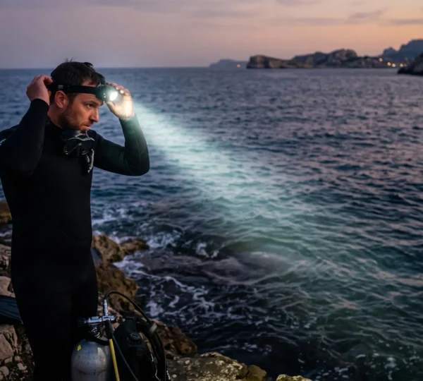 Un plongeur en combinaison ajuste sa lampe frontale de plongée sur un ponton au crépuscule, le faisceau pointé vers la mer.