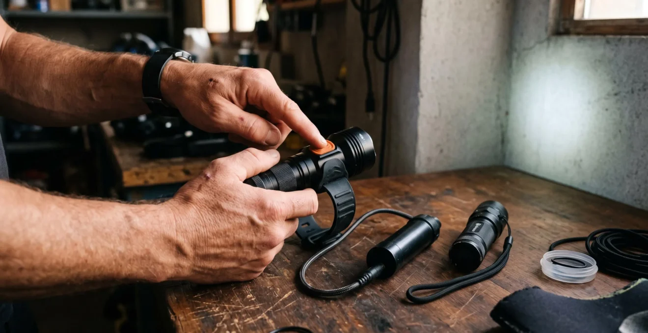 Des mains vérifient le bouton marche d'une lampe frontale de plongée posée sur une table, avec une lampe de secours à côté.